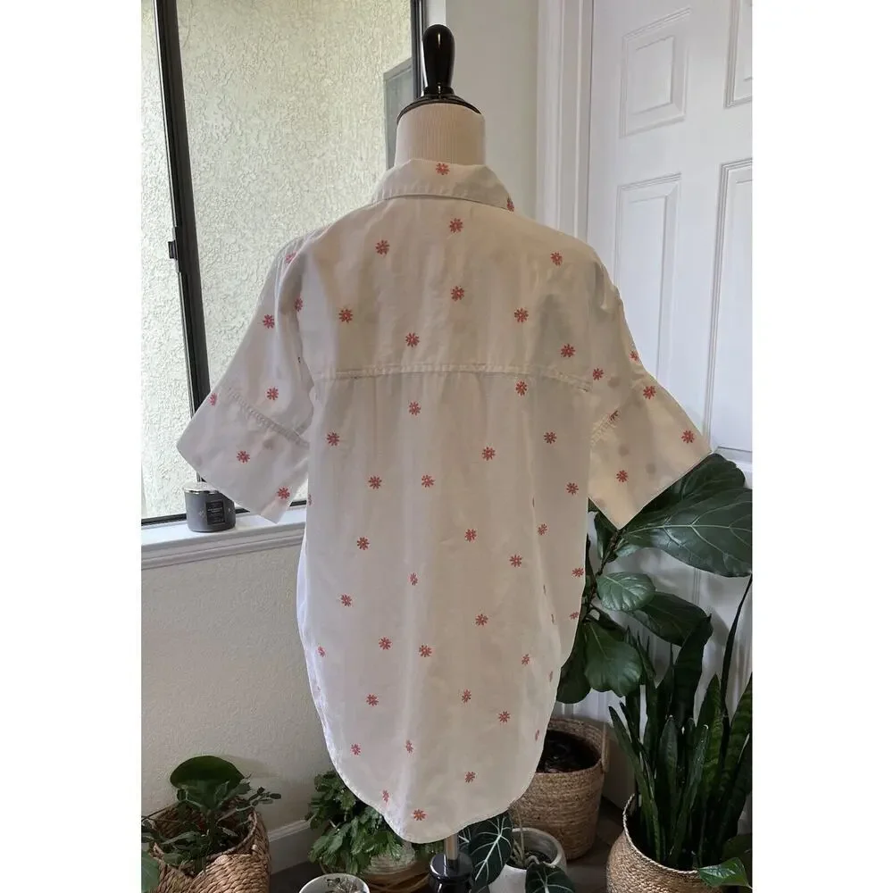 Madewell Women’s Embroidered White Button Up Size S Short Sleeve Blouse‎ Flowers